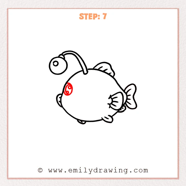 how to draw an angler fish - Step 7: One large detailed eye is added to the angler fish face area.